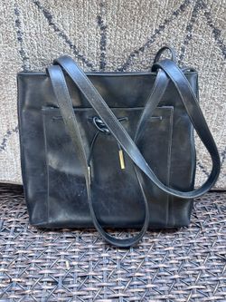 Vintage 90s Liz Claiborne Black Leather Structured Tote Bag Drawstring Minimalist