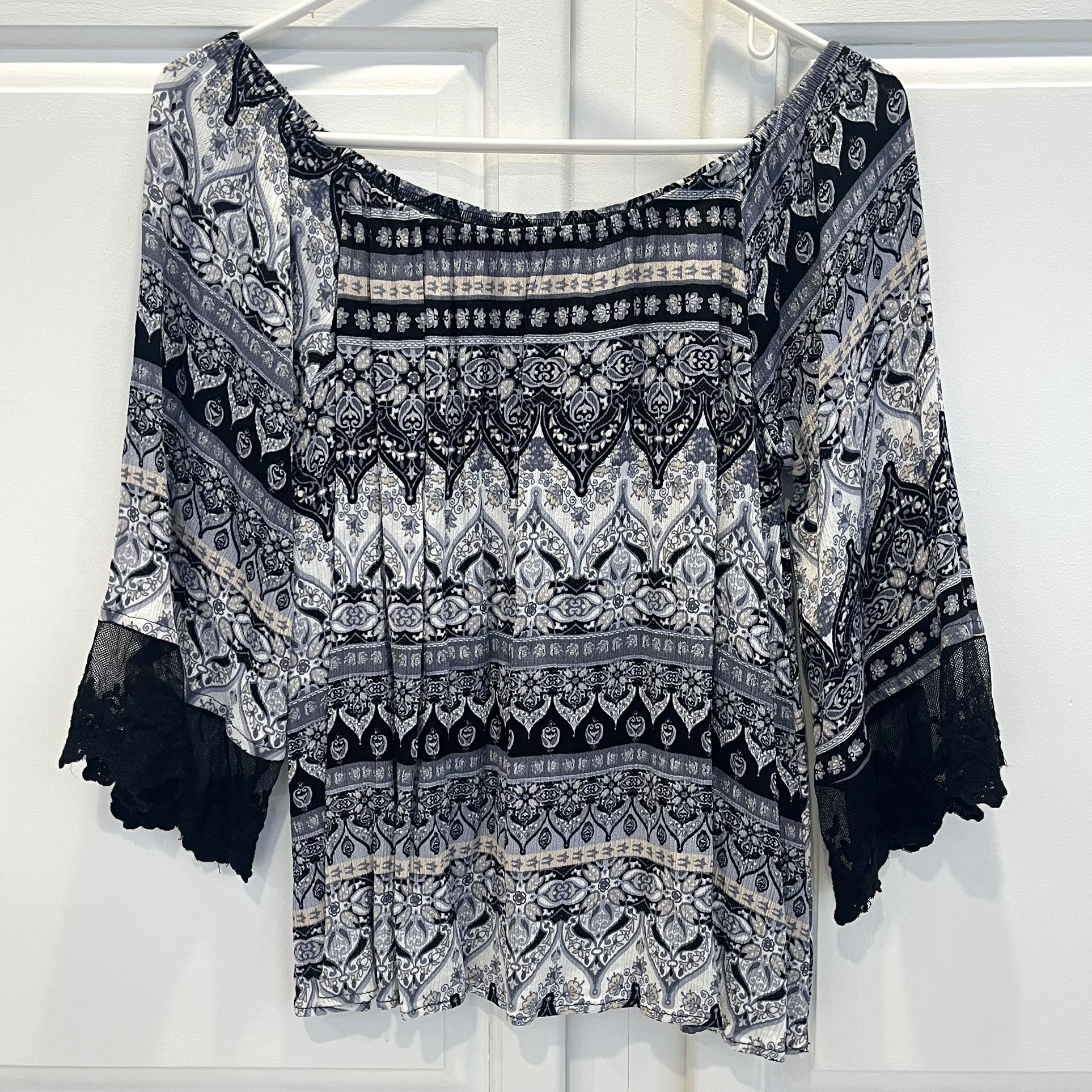 Alloy Apparel Women’s S Tall Blouse Bohemian Boho Gray Black Beige 3/4 Sleeve