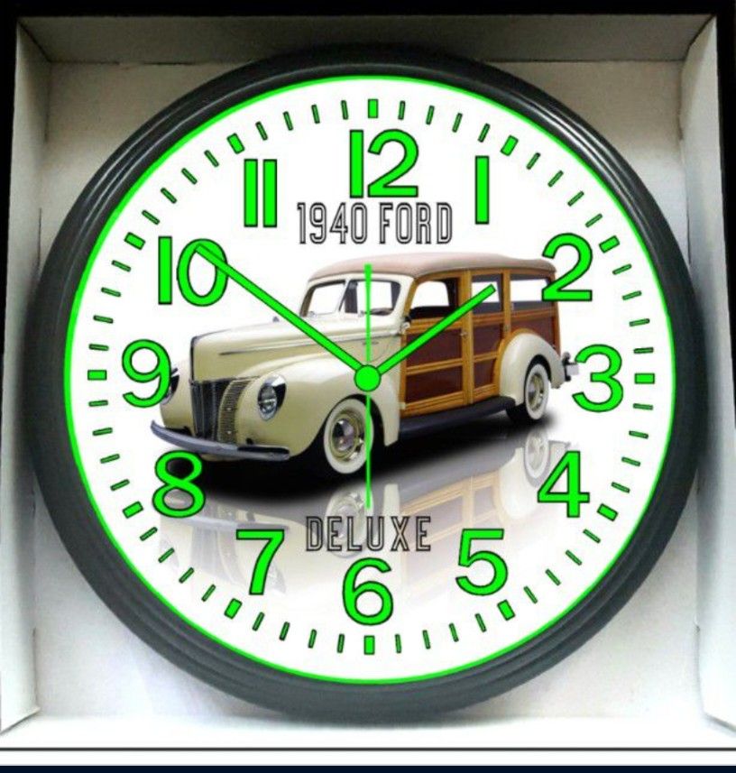 Wall Clock 1940 Ford Deluxe Glow In The Dark Wall Clock New!