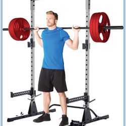 Fitness Reality Squat Rack Power Cage with J-Hooks, Landmine 360° Swivel, Weight Plate Storage Attachment and Power Band Pegs