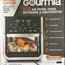 Gourmia All-in-One 14-Quart Air Fryer, Oven, Rotisserie, Dehydrator with Temperature Probe, New