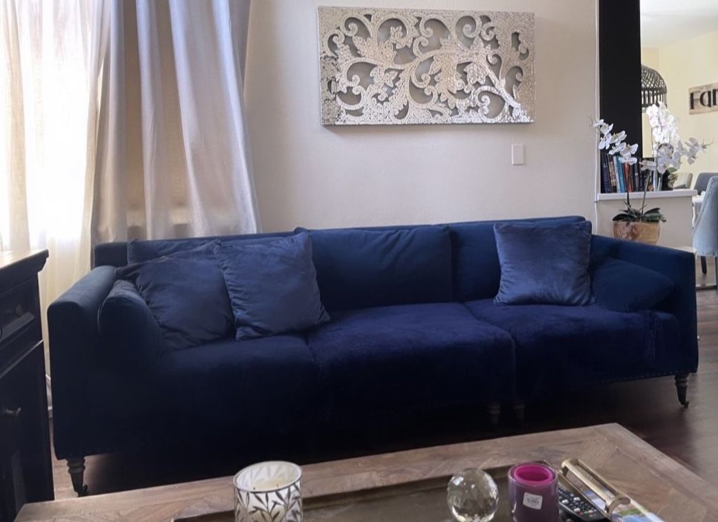 Pottery Barn Tallulah Navy Velvet Sofa