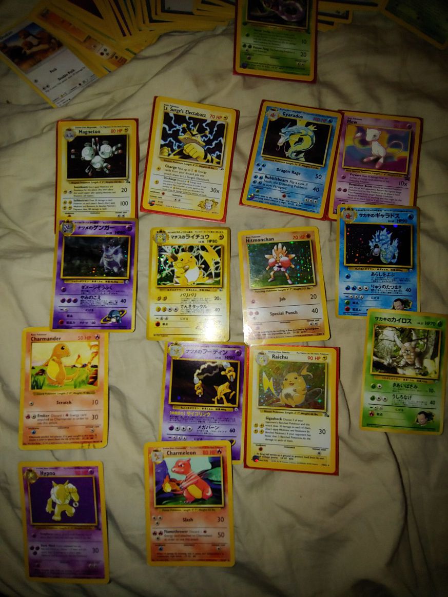 Pokemon base set, fossil, and gym leader cards.