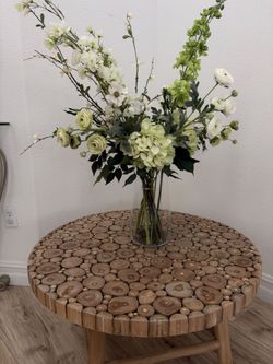 (Vase and Flowers NOT Included) Round Wood Slice Mosaic Coffee Table