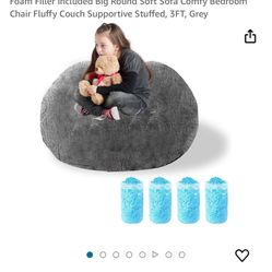 CAQ Bean Bag Chair for Adults Kids Teens with Memory Foam Filler Included Big Round Soft Sofa Comfy Bedroom Chair Fluffy Couch Supportive Stuffed, 3FT