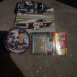 Dale Earnhardt Memorabilia Including 1 Diecast 1:24 #3Goodwrench Car,1 Gold Edition Hologram card,1 Intimidator  Plate And A Picture of Dale Jr 