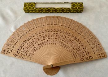 Vintage Japanese Wooden Hand Fan 14" Folding Sensu Sandalwood in Original Box