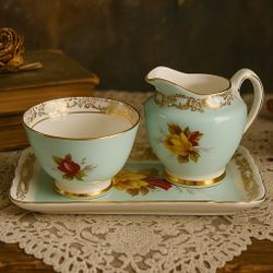 Sutherland England 1950s Creamer Sugar Bowl Serving Tray Blue Floral Gilt