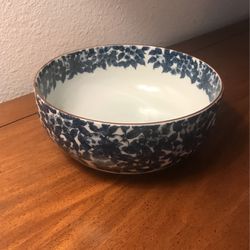 Blue & White Ceramic Bowl With Gold Accent Rim