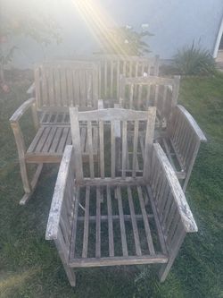 Solid Wood Outdoor Patio Chairs & Bench – Needs Refinishing