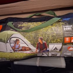 Ozark trail three person dome tent two extra large ozark trail brand sleeping bags , thirty three inches by seventy five inches