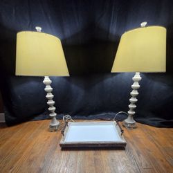 Pair Of Lamps And Wooden Tray