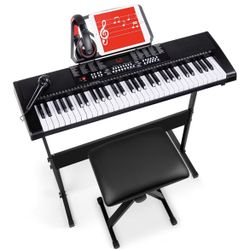 Best Choice Products 61-Key Electronic Keyboard Piano Portable Electric Keyboard Complete Beginner Set w/LED Screen, Stand, Bench, Headphones - Black