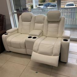 Party Time Power White Reclining Loveseat with Console