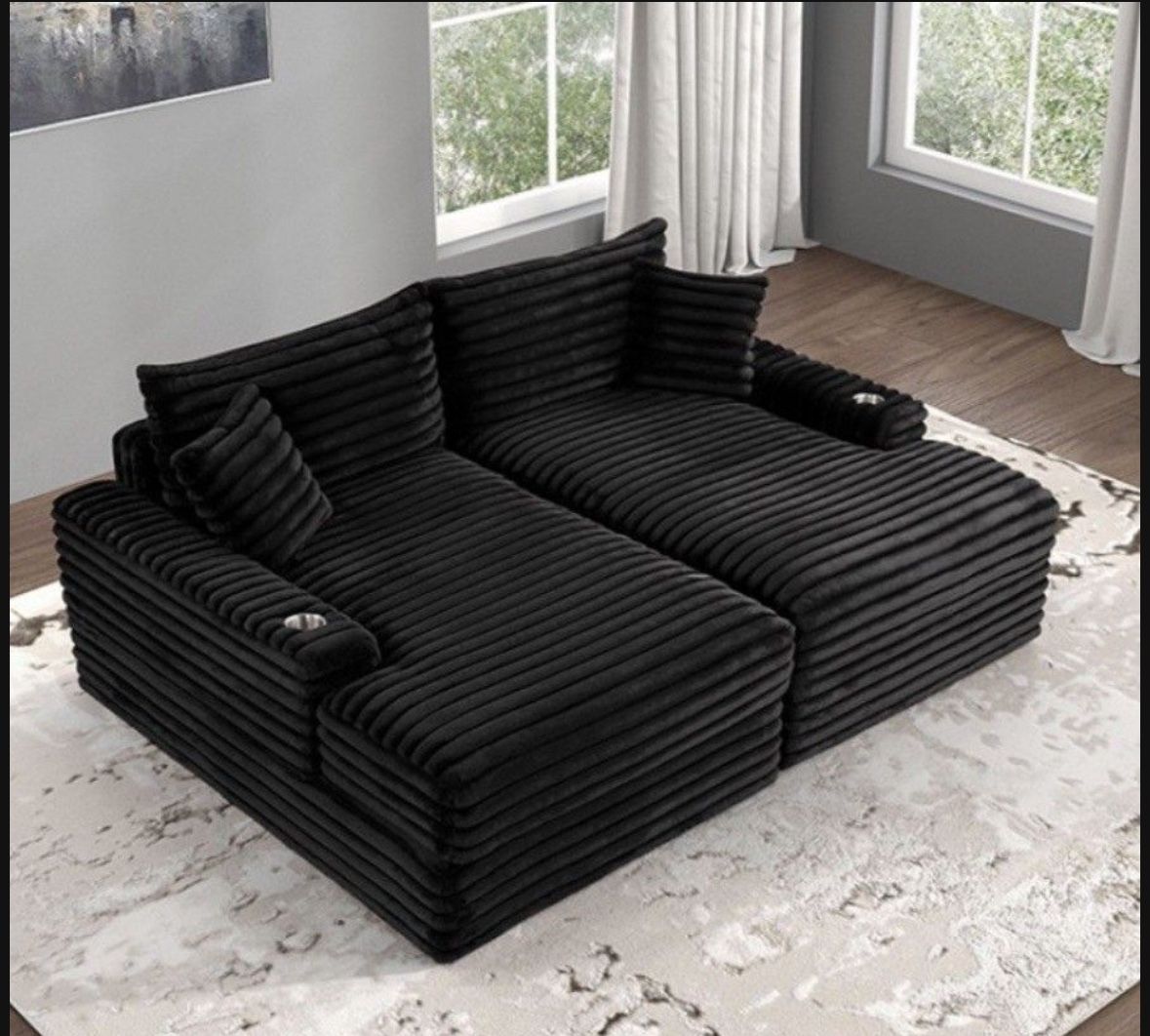 Brand New Black Super Plush Corduroy Double Chaise Sofa