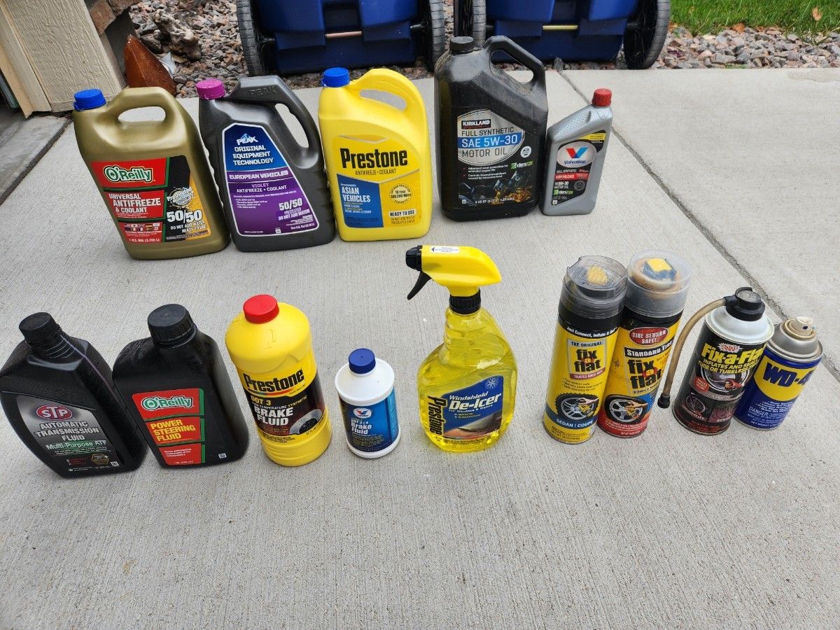 auto oil , fluid etc.
engine oil
coolant
brake fluid
transmission fluid
power steering fluid
De-icer
WD-40 etc.
most are more than half amount