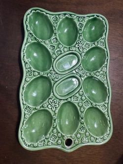 Vintage Green Ceramic Deviled Egg Serving Tray