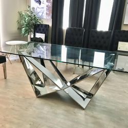79” Glass Dining Table With Contemporary Stainless Steel Base