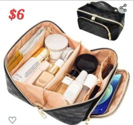 Travel Makeup Bag for Women, Large Capacity PU Leather Waterproof Checkered Cosmetic Bags, Portable