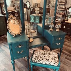 Gorgeous Peacock Teal & Gold Antique Vanity W/ Bench 