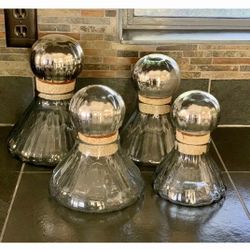 4 Apothecary Glass Jars With Mercury Silver Mirrored  Knob Lids - Antique 
