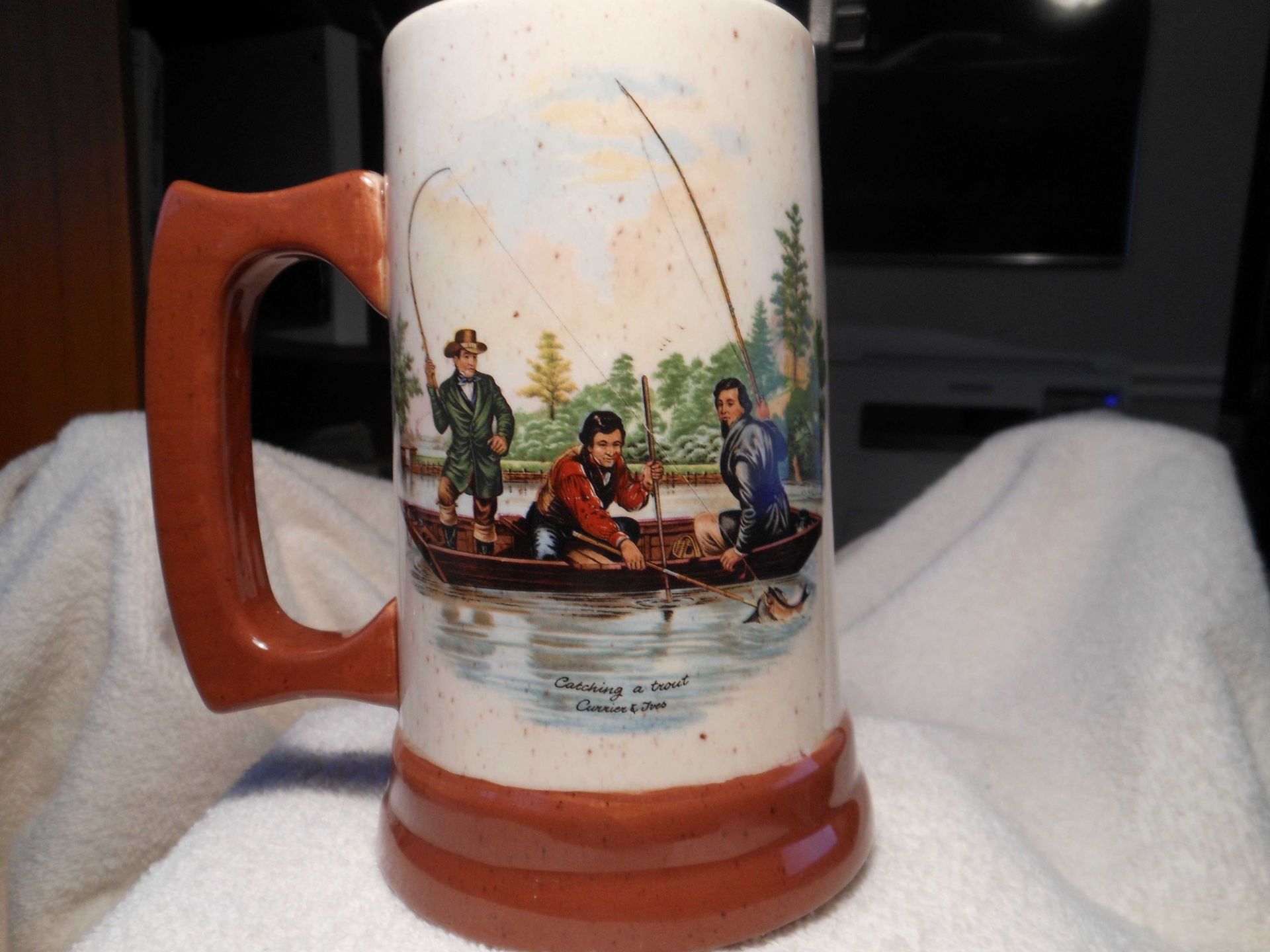 Iconic Currier & Ives “Catching A Trout” fishing mug
