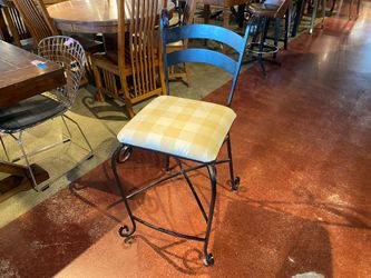Black Wrought Iron Bar Stool with Plaid Cushion