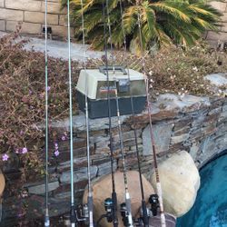 SEVEN (7) Fishing Rods with Reels PLUS Fenwick Tackle Box with lures,ect.