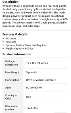 Drive DeVilbiss Healthcare 13221XXL, DRIVE MEDICAL FULL BODY SLING Full Body Sling Thumbnail