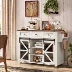 Kitchen Island with Storage, Kitchen Cart with Charging Station, Rolling Kitchen Island Table with Drop-Leaf, 3 Drawers, Barn Doors, Towel Rack and Sp