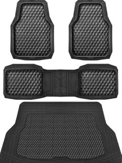 Heavy-Duty Rubber Car Floor Mats & Cargo Liner Set, All-Weather Waterproof Trim-to-Fit for Cars, SUVs & Trucks, Black