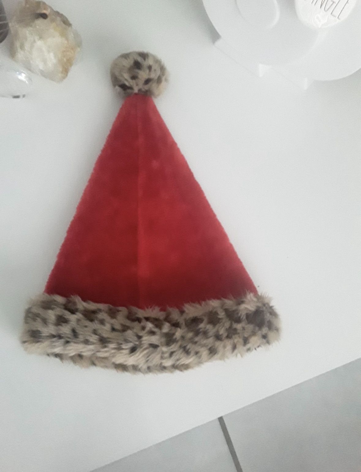 Leopard Trim Santa Hat with Leopard pom poms - New
