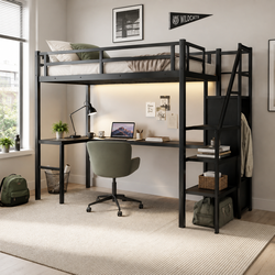Ailinor Twin XL Metal Loft Bed with L-Shaped Desk, Wardrobe and Storage Stairs