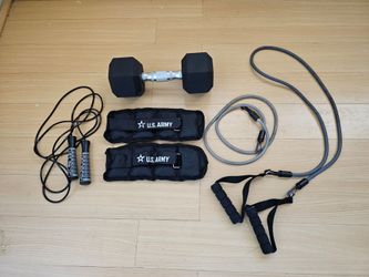 Home Workout Set - Hex Dumbbell, U.S. Army Ankle Weights, Jump Rope, Resistance Bands