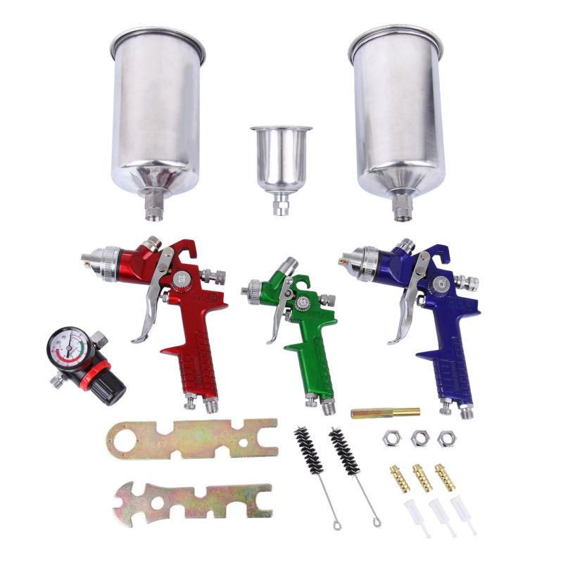 3 HVLP Spray Gun Auto Paint Air Regulator & Kit Basecoat Car Primer Clearcoat