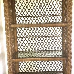 Vintage Coastal Braided Rattan Etagere, Rattan Vintage Bookshelf, Vintage Rattan Bookcase