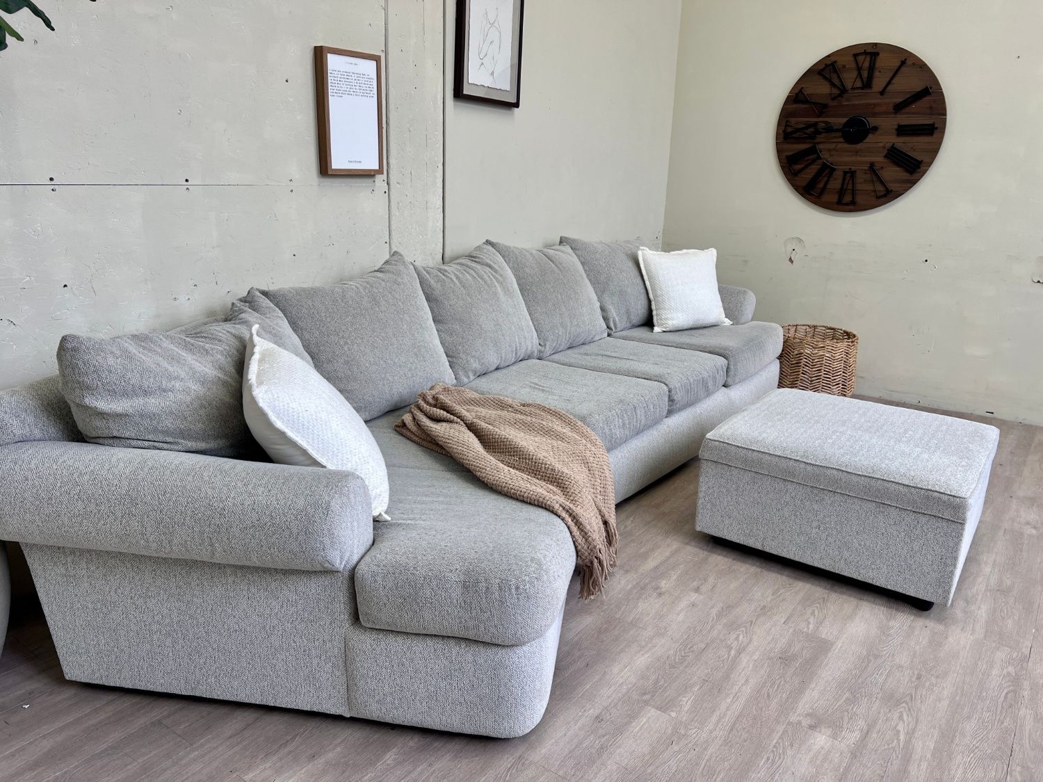 WE DELIVER! 🚚 - Jordan’s Furniture Light Gray Modern Deep-Seated Sectional L Couch with Cuddle Corner & Ottoman Set
