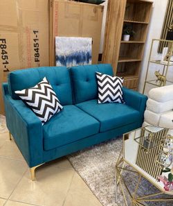 2-pc Sofa set loveseat & sofa teal blue velvet fabric material