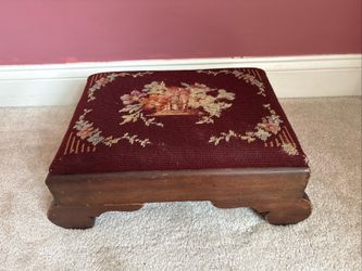 Antique Wood Rectangular Footstool Burgundy Floral Needlepoint Solid