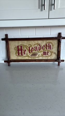 Antique embroidered he leadeth me picture