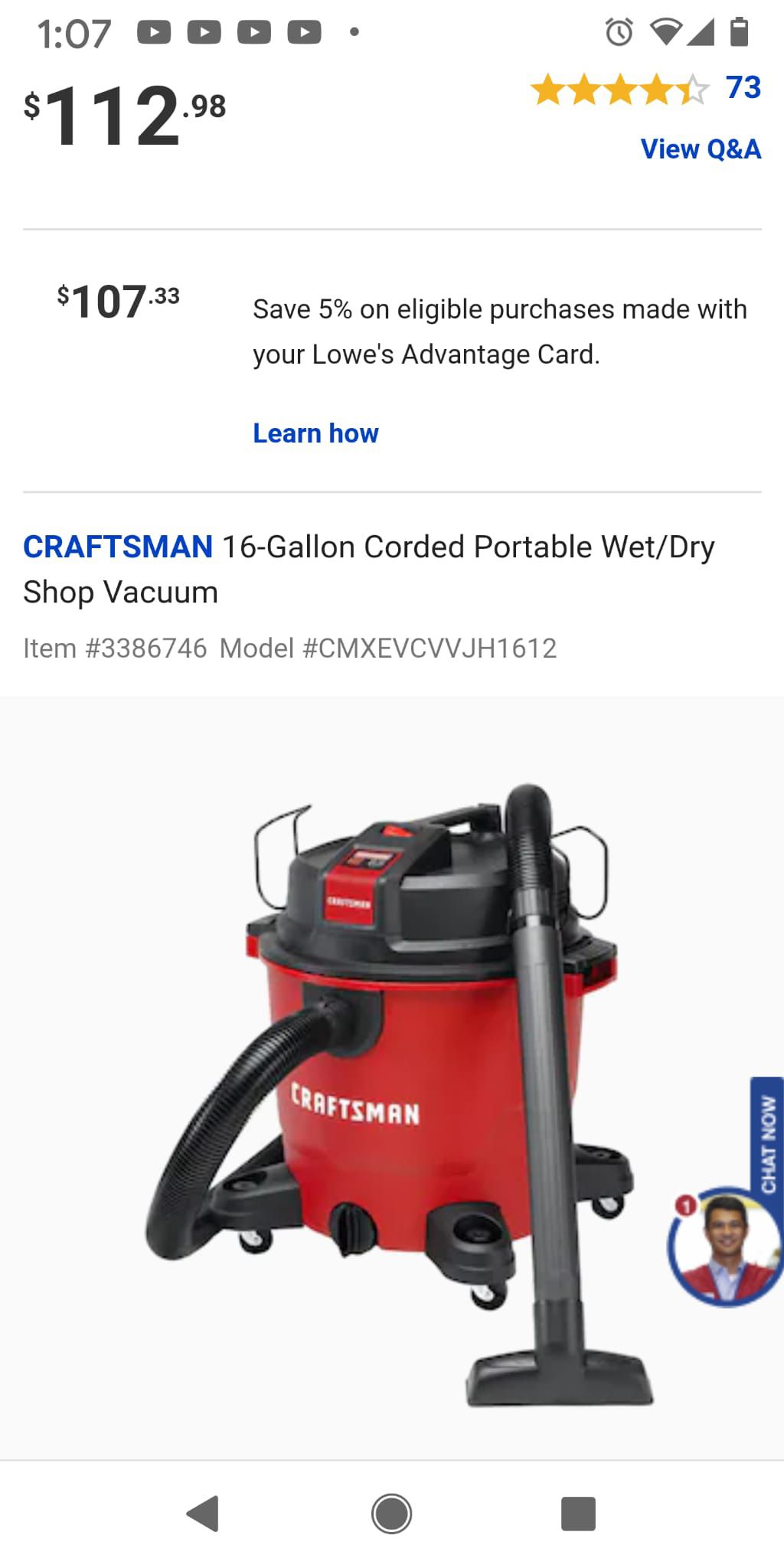 CRAFTSMAN 16-Gallon Corded Portable Wet/Dry Shop Vacuum

