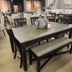 Black/Gray Dining Table, 4 Chairs and Bench / 6-piece Set
