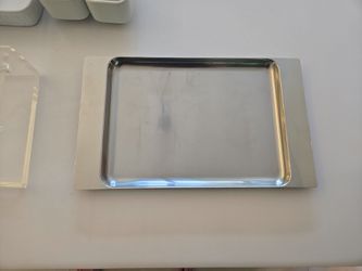 Serving tray with dishes and Lucite napkin holder