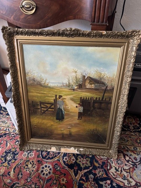 Charming Vintage Oil Painting with Ornate Gilded Frame – Timeless Pastoral Scene