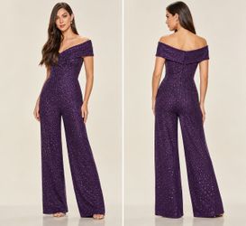 Montage Mon Cheri Purple Rhinestone Off Shoulder Jumpsuit Sz 4 Formal M850 NWT