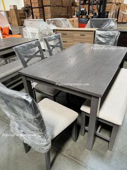 NEW 6 Piece Dining Room Table and Chair Bench Set Grey Wood Modern Kitchen Discount FURNITURE Big SALE Small Living Room Space Saving Apartment Size