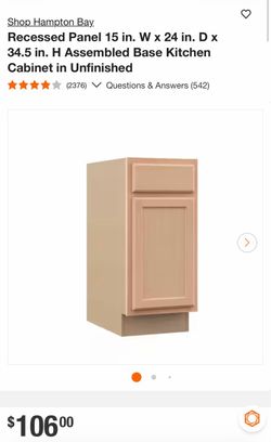 Hampton Bay Recessed Panel 15 in. W x 24 in. D x 34.5 in. H Assembled Base Kitchen Cabinet in Unfinished