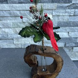 Xmas Cardinal Bird On Pine Branch With Wood Vase