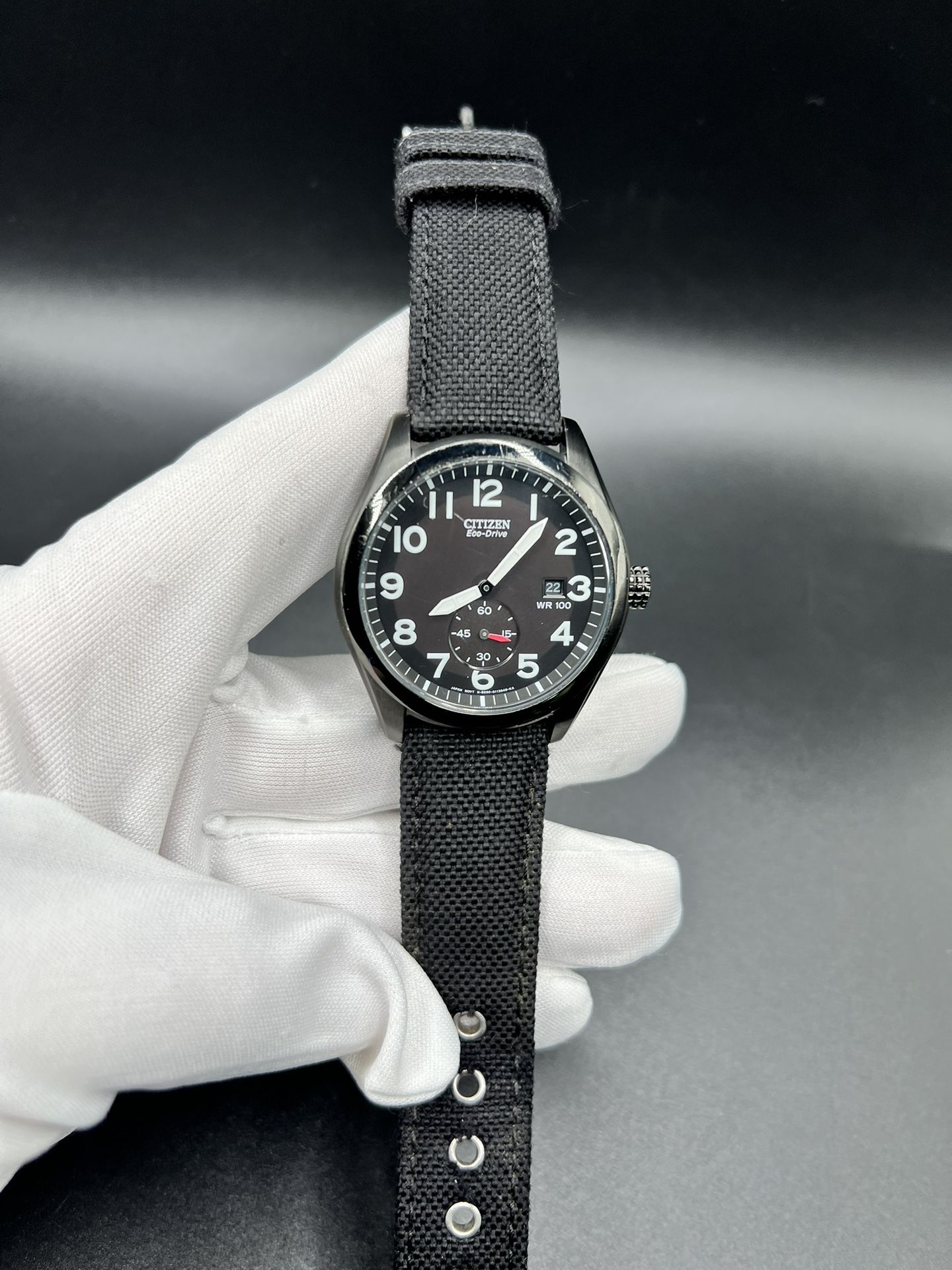 Citizen Eco-Drive Chandler men's watch (model BV1085-06E) with a black ion-plated stainless steel case, black dial, and black nylon strap