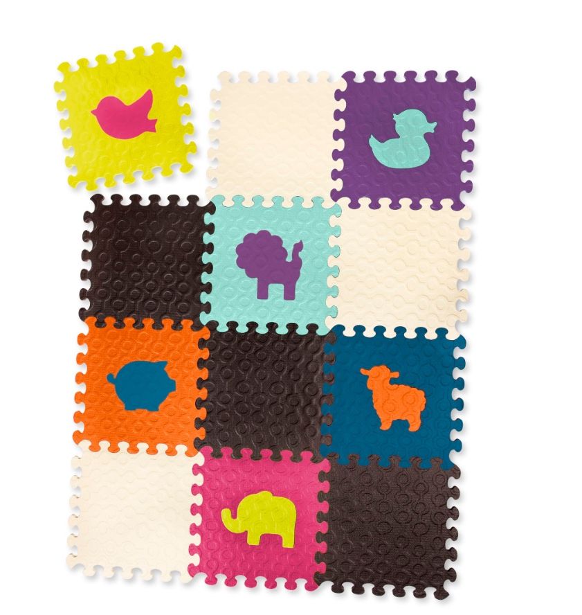B. Toys – Animal Floor Mat – 12 Interlocking & Removable Foam Tiles – Thick Puzzle Tiles For Newborns, Toddlers, Kids – Storage Pouch – 0+ Months – Co